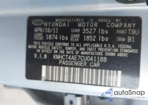 2012 Hyundai Accent Gls z USA, uszkodzony, nr VIN KMHCT4AE7CU041188